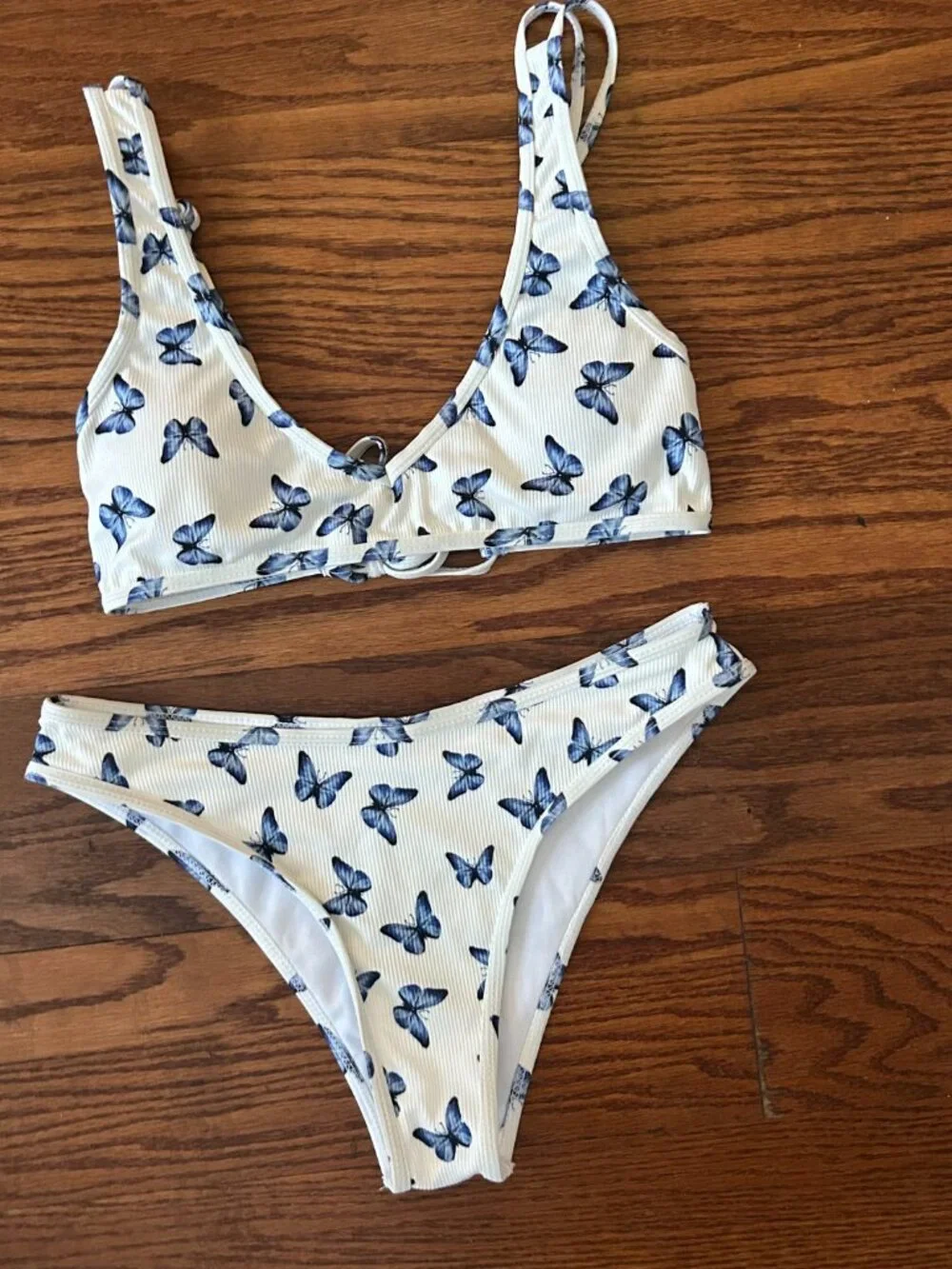 Blue Butterfly Print Matching Bikini Set Size Small Ribbed High-cut Bottoms